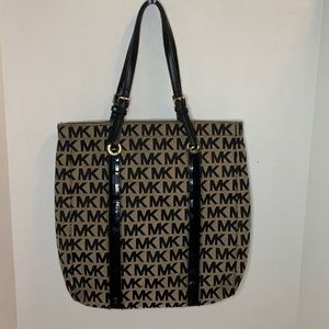 Michael Kors Signature Sequin Canvas Tote Khaki Brown Black Gold Leather Purse